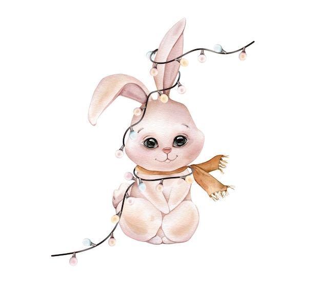 Aquarelle lapin mignon avec foulards d'hiver et guirlande de Noël Dessin de lapin dans des couleurs pastel chaudes et beige Illustration dessinée à la main lapin sur fond isolé Pour les cartes de vœux enfantines