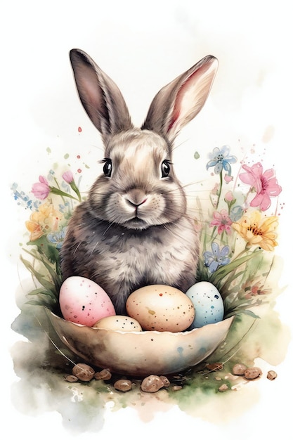 Une aquarelle d'un lapin avec des oeufs