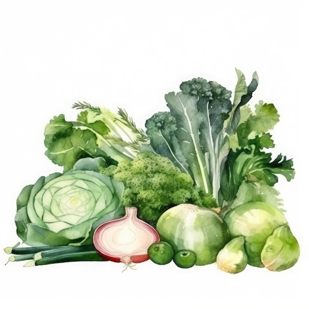 Aquarelle de légumes verts frais sans fond blanc Générer Ai