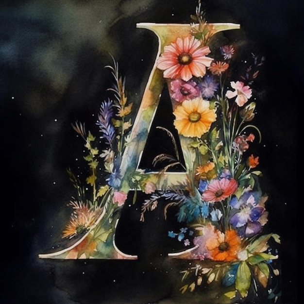 Photo une aquarelle d'une lettre a avec des fleurs