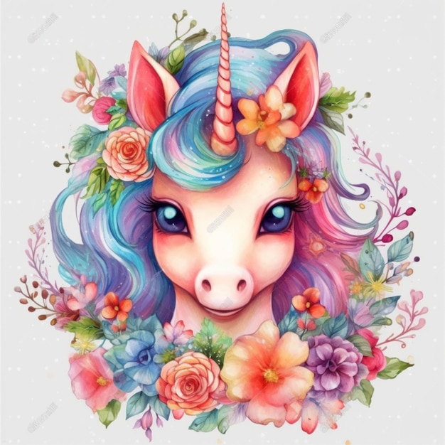 Une aquarelle d'une licorne avec des fleurs et des feuilles générative ai