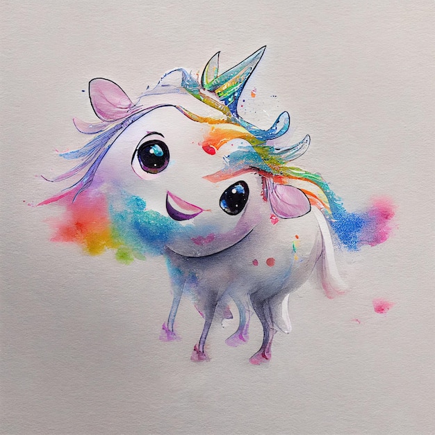 Aquarelle d'une licorne heureuse. Licorne arc-en-ciel avec éclaboussures d'aquarelle et éclaboussures sur papier blanc.