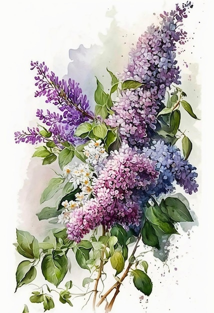 Une aquarelle de lilas avec des feuilles vertes et des fleurs blanches.