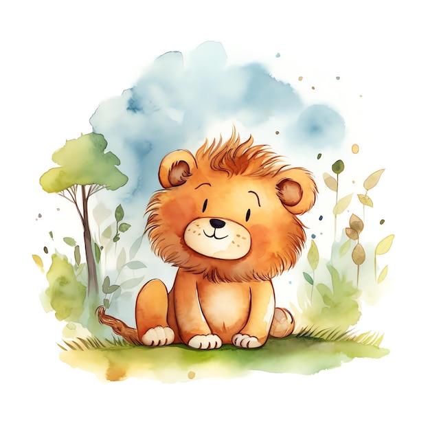 Une aquarelle d'un lion assis sur l'herbe