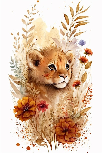 Photo une aquarelle d'un lion en fleurs