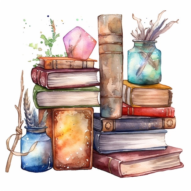 Une aquarelle de livres et un pot avec une plume.