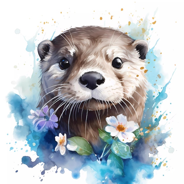 Une aquarelle d'une loutre avec des fleurs et des feuilles