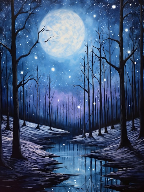 Aquarelle la lune la nuit le ciel bleu et les nuages la forêt sombre