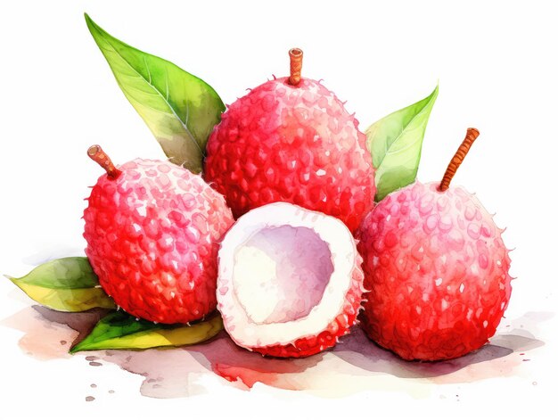 Aquarelle Lychee isolée Aquarelle Litchi Fruits tropicaux coupés Aquarelle créative Fruits Litchi Chinensis