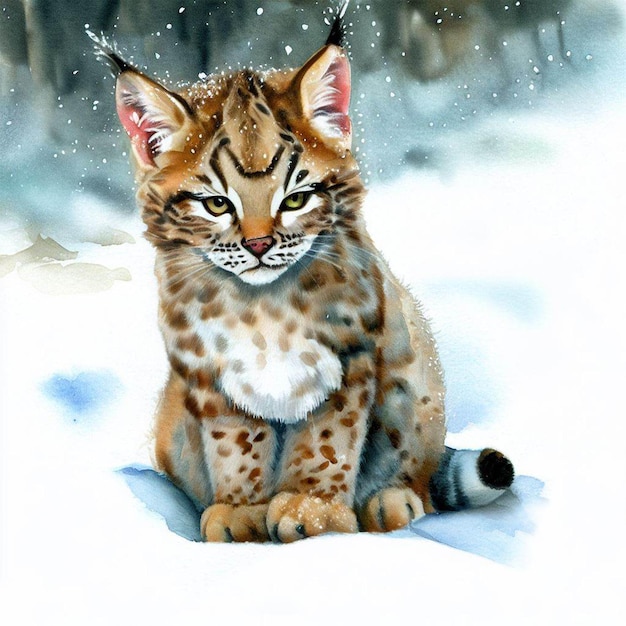 Une aquarelle d'un lynx roux assis dans la neige.