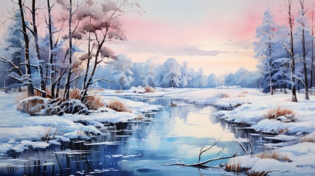 aquarelle magnifique paysage d'hiver 14