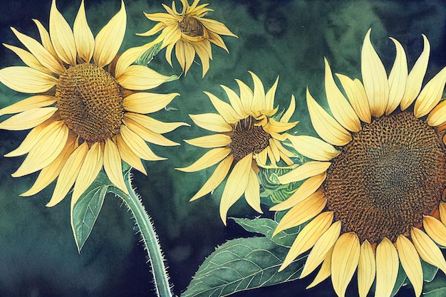 Aquarelle d'une main de plantes et fleurs de tournesol dessiner aquarelle