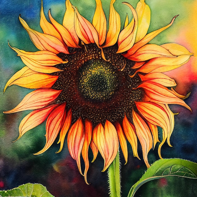 Aquarelle d'une main de plantes et fleurs de tournesol dessiner aquarelle