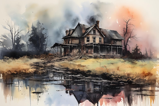 Aquarelle d'une maison de campagne sur la rivière générée par l'IA