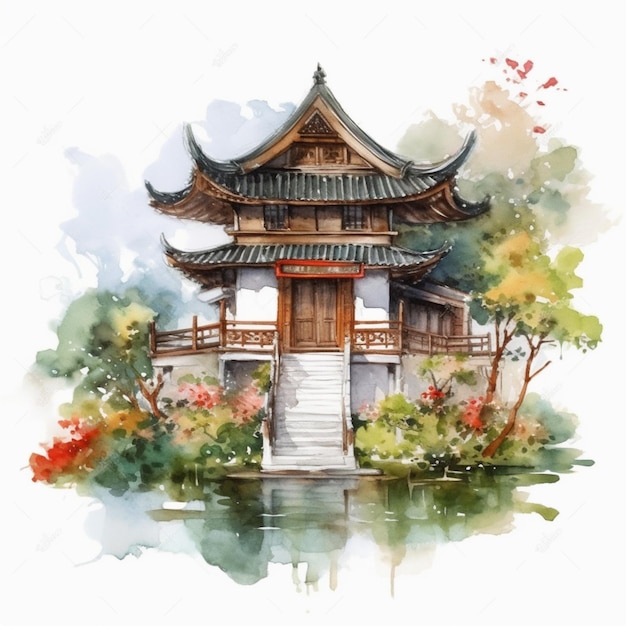 Une aquarelle d'une maison chinoise