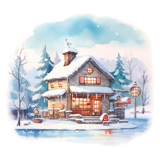 Une aquarelle d'une maison en hiver avec de la neige sur le toit et une carte postale sur le devant.