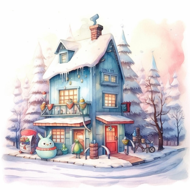 Une aquarelle d'une maison avec de la neige sur le toit.