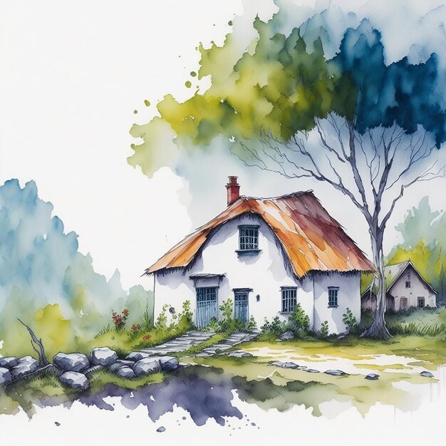 Aquarelle une maison de village