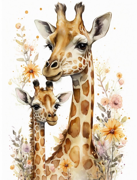 Une aquarelle d'une mère et d'un bébé girafe