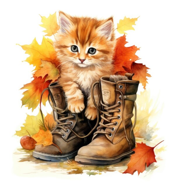 Aquarelle mignon chaton assis sur les bottes d'automne IA générative