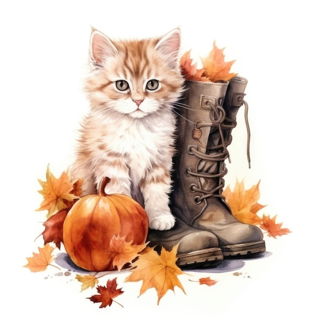Photo aquarelle mignon chaton assis sur les bottes d'automne ia générative