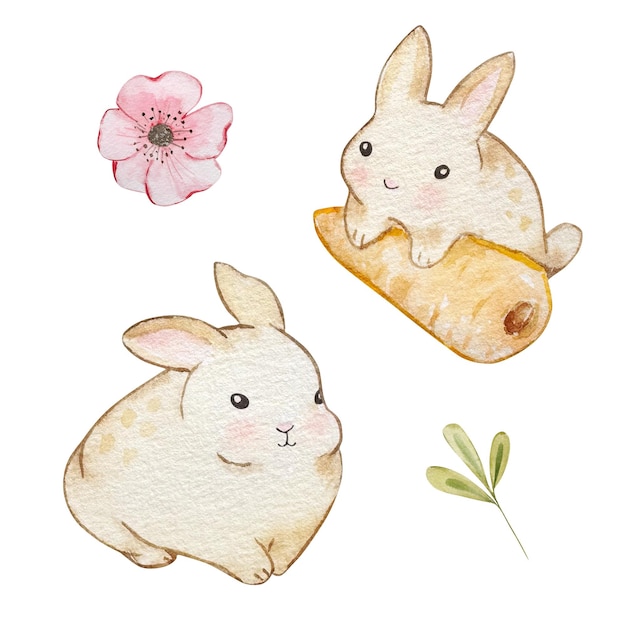 Aquarelle mignon lapin de Pâques poupée lapin beige pour le design du printemps