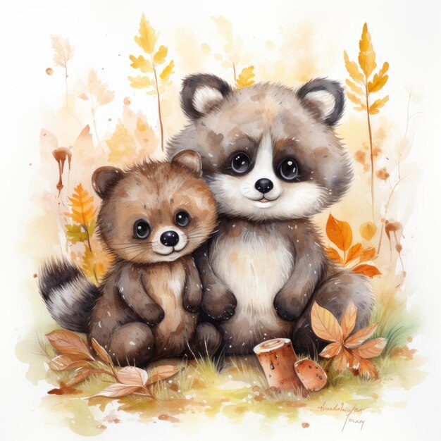 Aquarelle d'un mignon ours en peluche et d'un raton laveur dans la forêt v 52 ID de travail 68157741e0f44fad9702ba201233edff