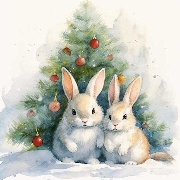 Aquarelle mignon trois lapins sous l'arbre de Noël Illustration AI GenerativexA