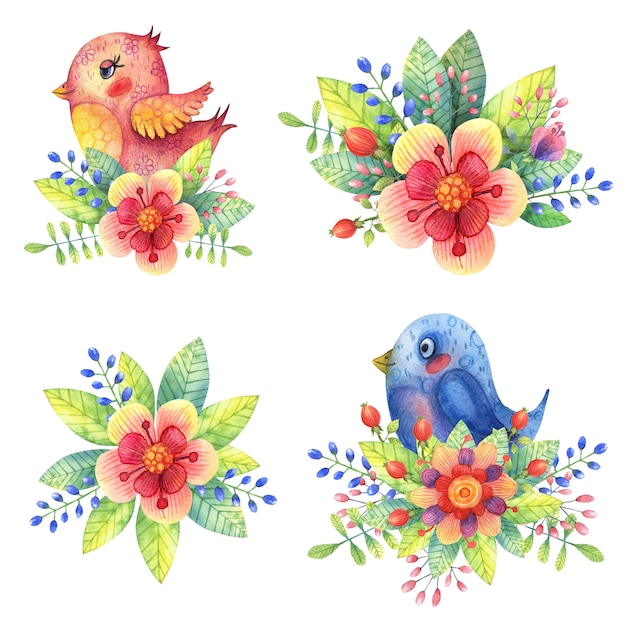 Aquarelle mignonne, oiseaux décoratifs de rose et bleu dans des couleurs vives et des feuilles.