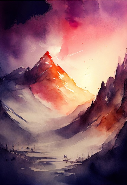 Une aquarelle d'une montagne avec une montagne en arrière-plan