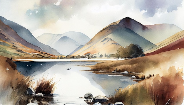 Photo aquarelle de montagnes et paysage dans le lake district un jour d'été