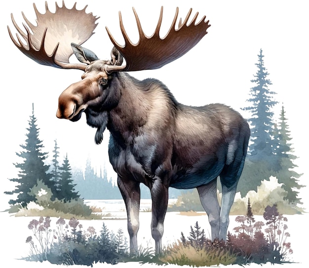 Aquarelle Moose jpg avec fond blanc de forêt exotique IA générative