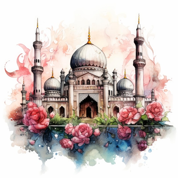 Aquarelle de mosquée islamique et art linéaire Aquarelles de mosquée musulmane avec ventre floral et rose
