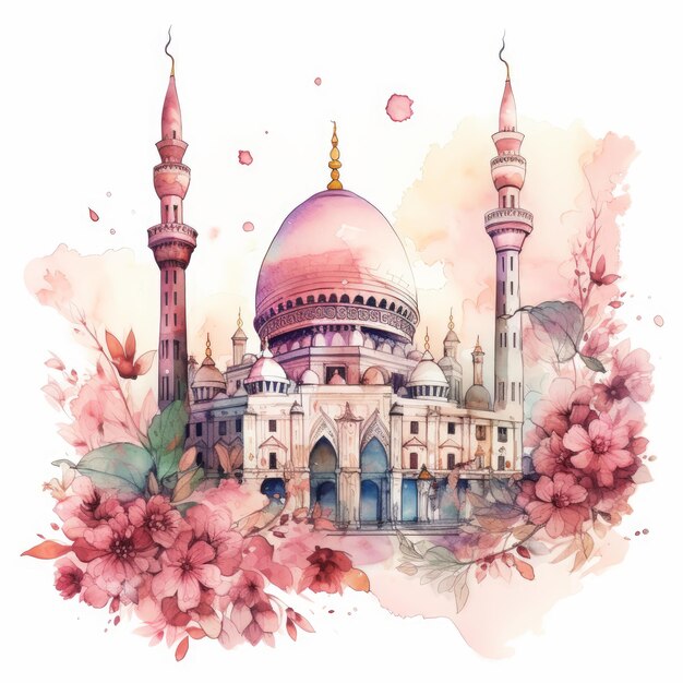 Aquarelle de mosquée islamique et art linéaire Aquarelles de mosquée musulmane avec ventre floral et rose