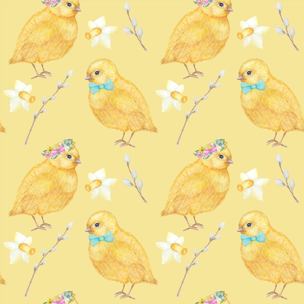 Aquarelle de motif de pâques sans soudure dessiné à la main de poulet jaune fleurs de printemps arc de saule