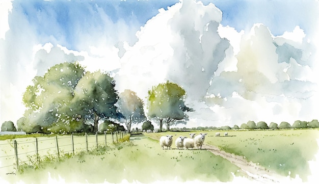 Une aquarelle de moutons dans un champ