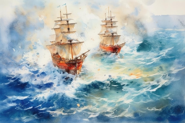 Aquarelle de navires et du vaste océan