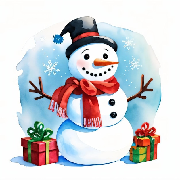 Aquarelle, Noël, bonhomme de neige Clipart