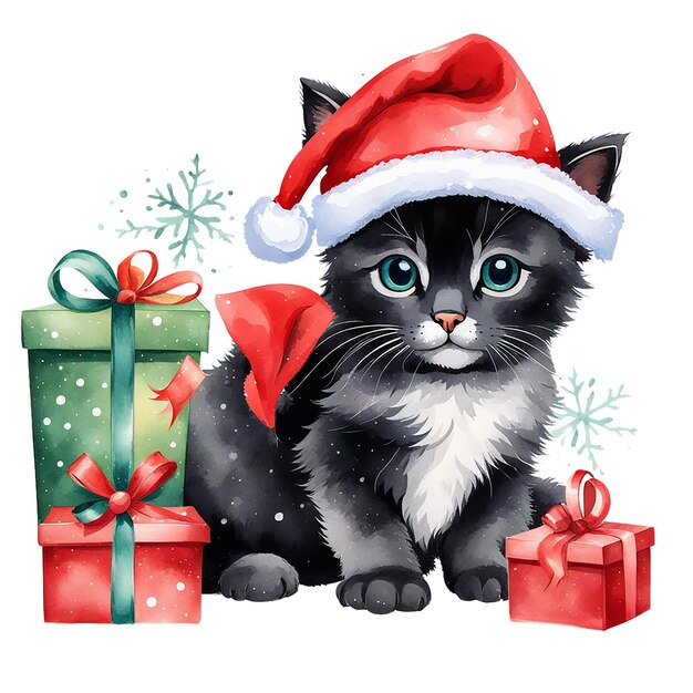 Photo aquarelle de noël chat noir dans des chapeaux rouges avec des jouets de noël et des autocollants de cadeaux