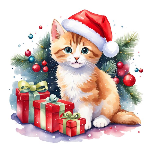 Aquarelle de Noël chat rouge dans des chapeaux rouges avec des jouets de Noël et des autocollants de cadeaux