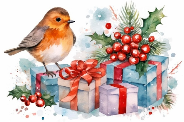 Aquarelle Noël Robin et coffrets cadeaux fond blanc isolé