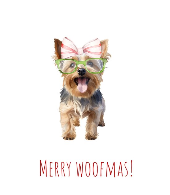 Aquarelle de Noël Yorkshire terrier chien de Noël chien dans le chapeau cravate et nœud joyeux Noël Yorkshire