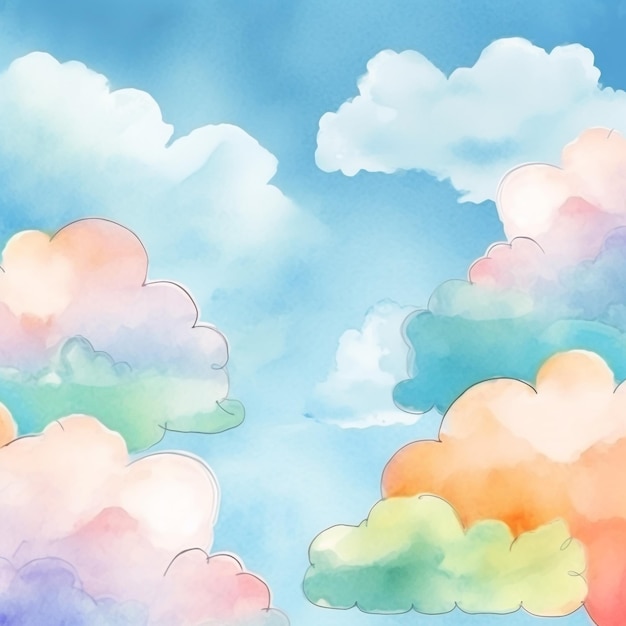 Une aquarelle de nuages avec un ciel bleu et les mots "nuage" en bas.