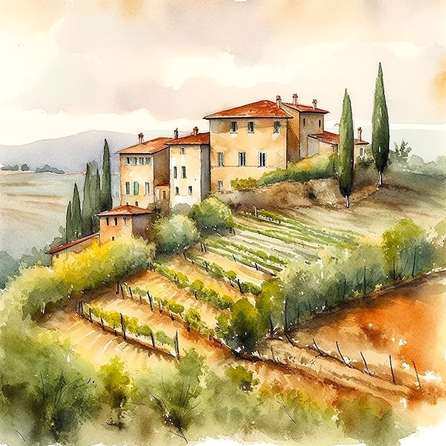 Aquarelle numérique d'un village de Toscane Italie