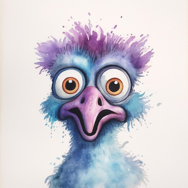 Une aquarelle d'un oiseau avec un bec violet et de grands yeux.