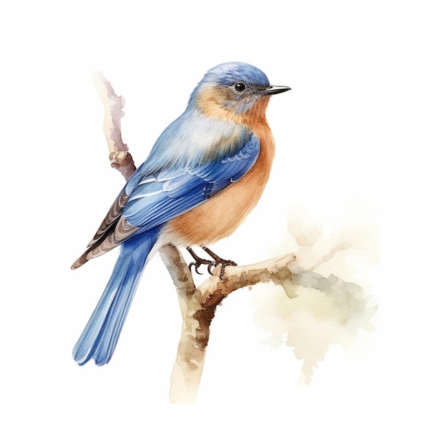 une aquarelle d'un oiseau bleu et orange sur une branche.