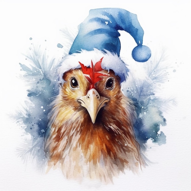 Une aquarelle d'un oiseau avec un chapeau bleu et une étoile rouge dessus.