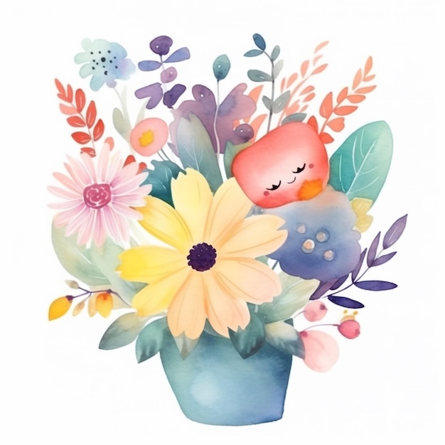 Une aquarelle d'un oiseau dans un vase bleu avec des fleurs.