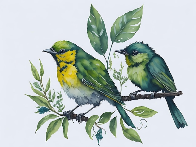 Aquarelle Oiseau perché sur une branche d'arbre dans un fond naturel