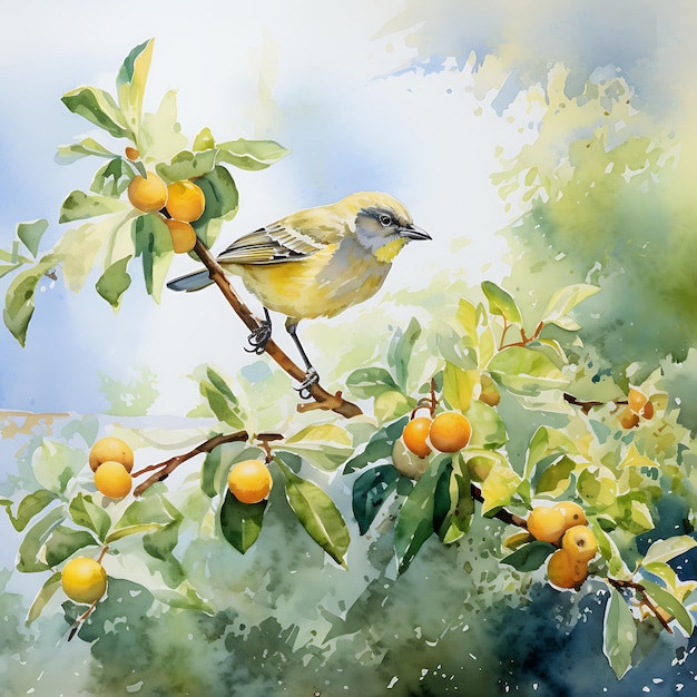 Aquarelle_oiseau_perché_sur_une_branche_d'arbre_de_citron_été_aquarelle_mignon_dessiné à la main_